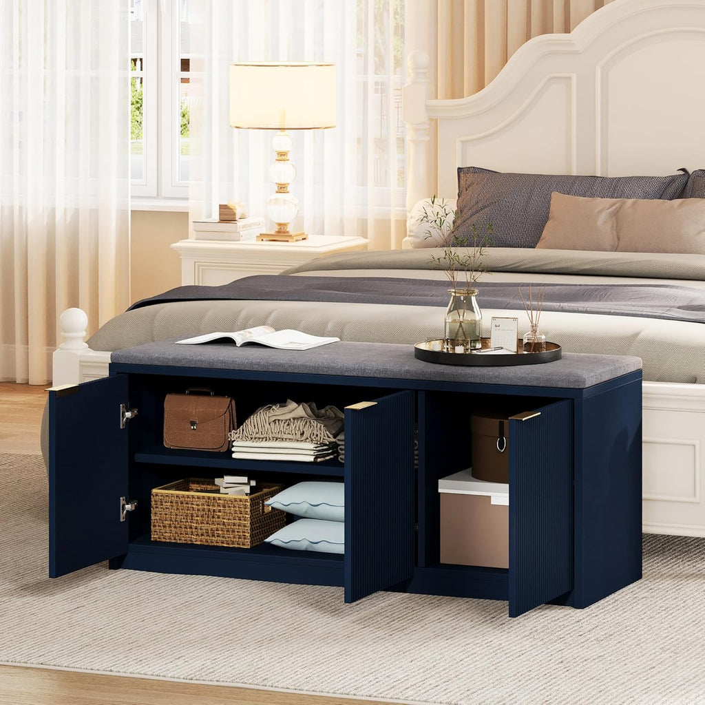 Vividwood Navy Blue Shoe Storage Bench‌ - 41.3" Entryway Cabinet with Padded Seat