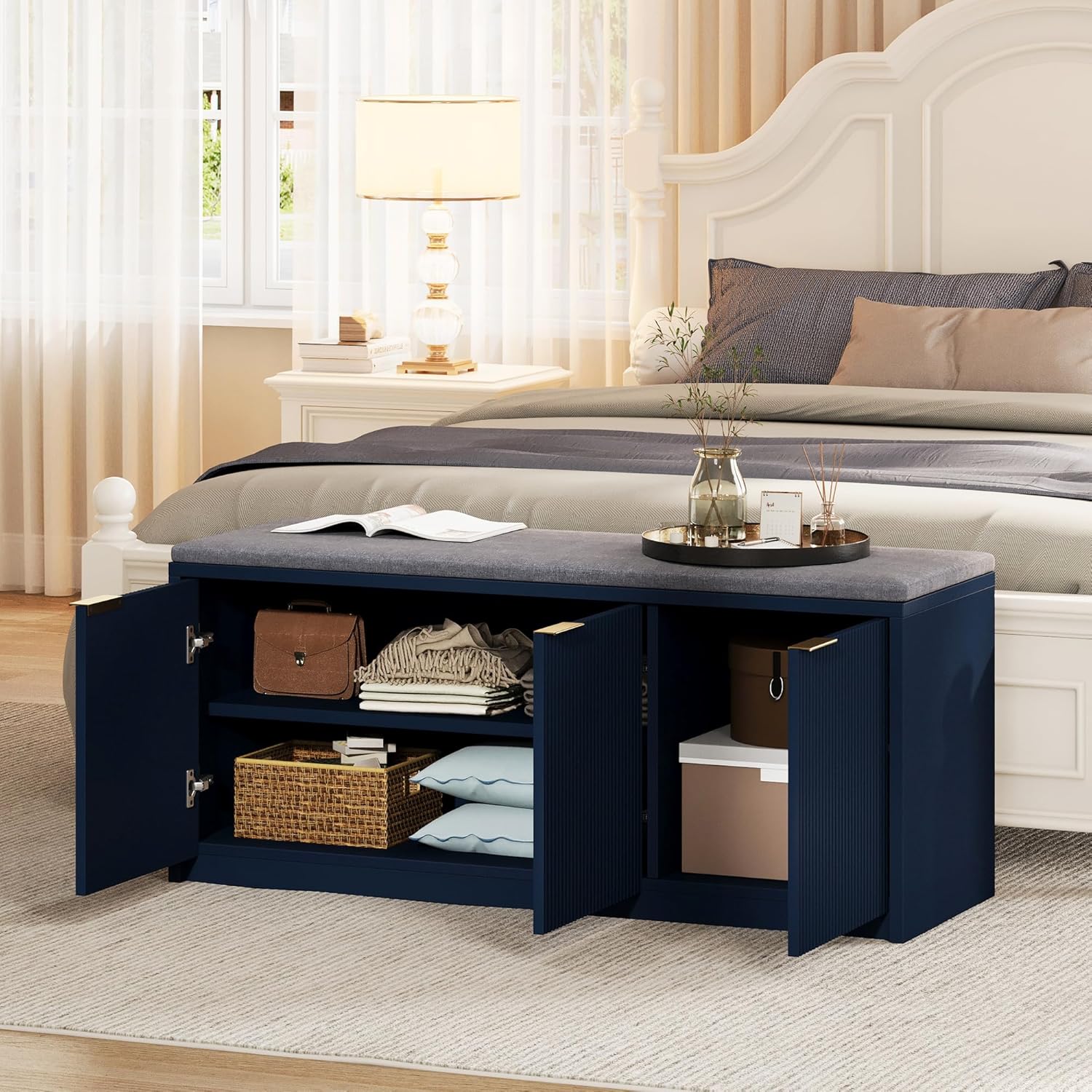 Vividwood Navy Blue Shoe Storage Bench‌ - 41.3" Entryway Cabinet with Padded Seat