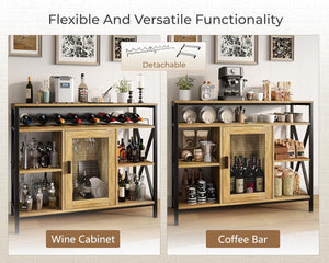 Vividwood Industrial Wine Cabinet‌ - Oak Finish with Wine Rack & Glass Holder