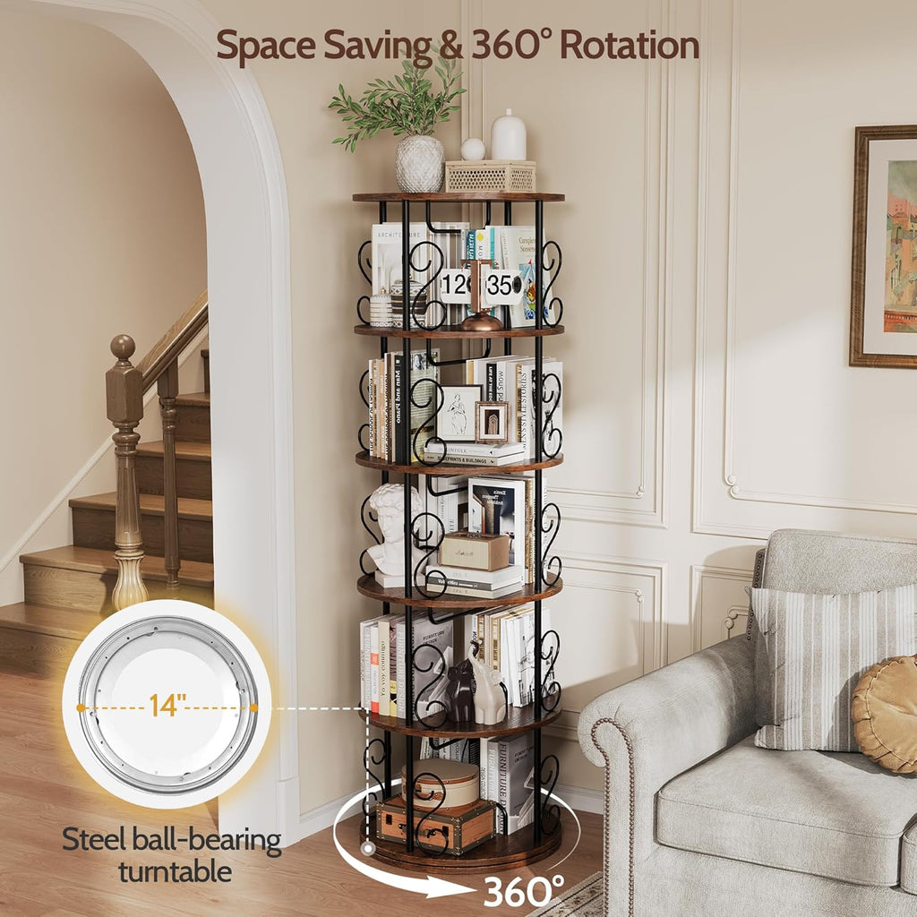 Vividwood 5-Tier Rotating Bookshelf - 360° Spinning Display Corner Bookcase with Stackable Design