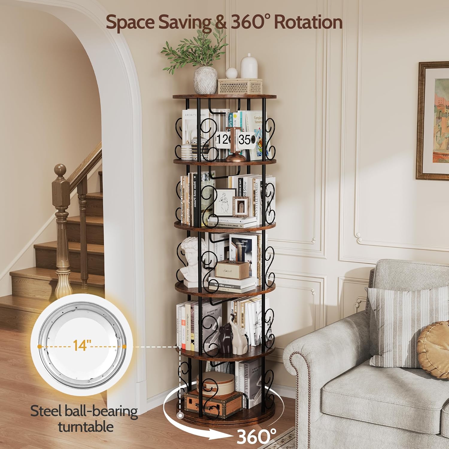 Vividwood 5-Tier Rotating Bookshelf - 360° Spinning Display Corner Bookcase with Stackable Design