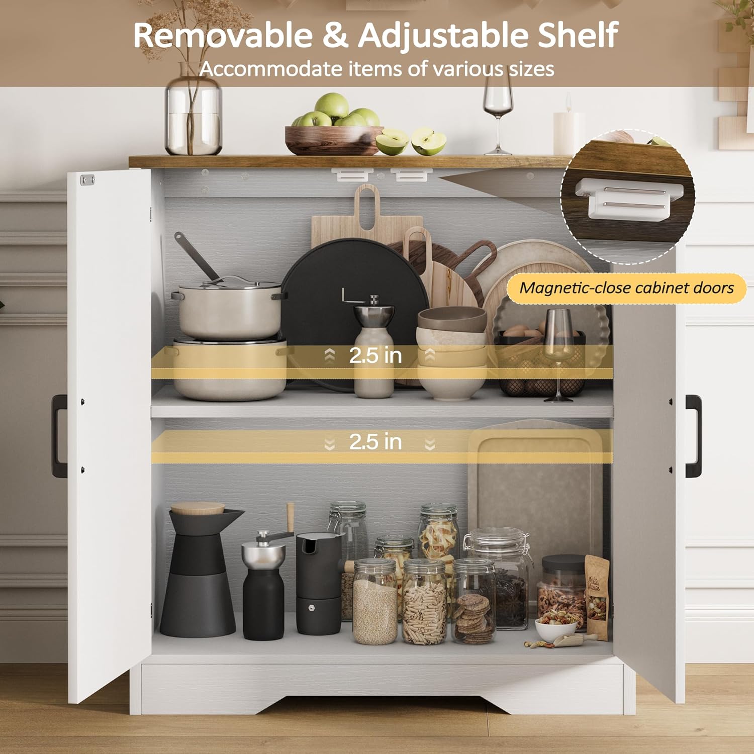 Vividwood Modern Farmhouse Sideboard - 2-Door Storage Cabinet with Adjustable Shelves（White Brown）