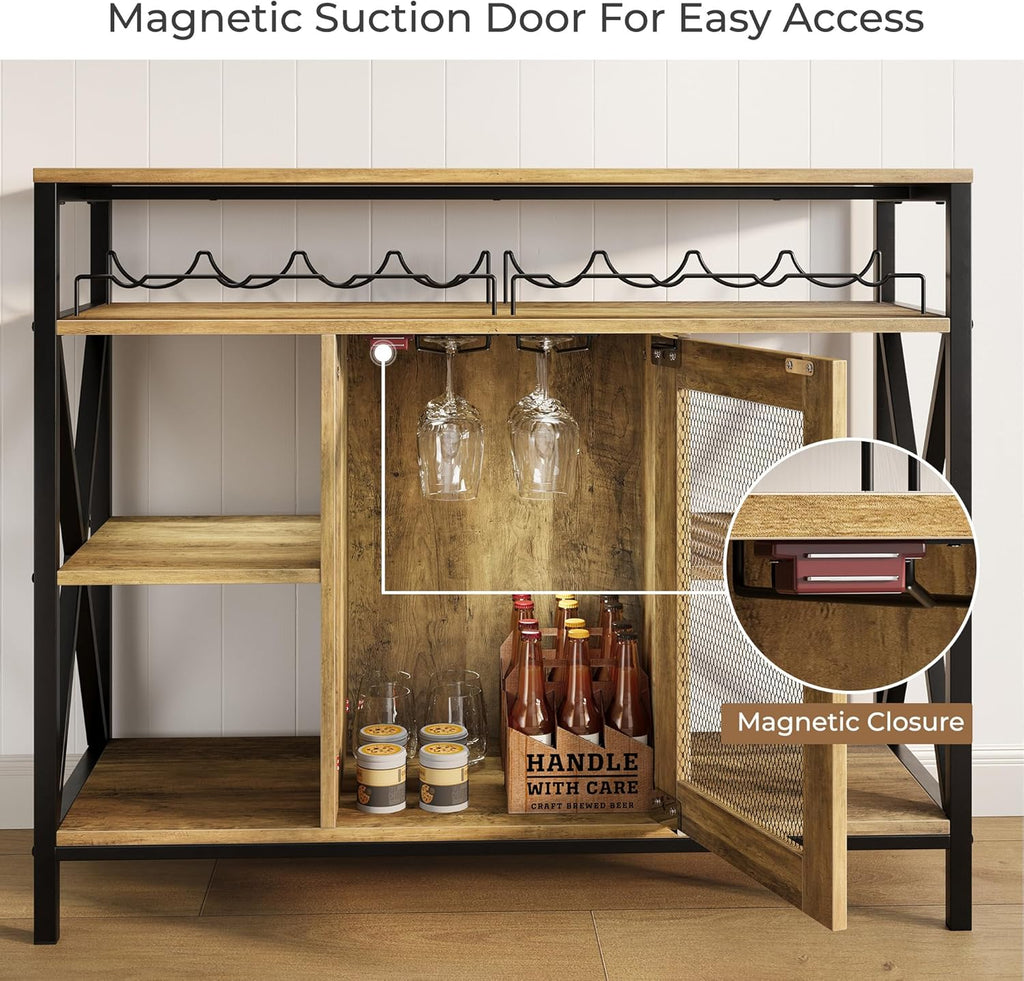 Vividwood Industrial Wine Cabinet‌ - Oak Finish with Wine Rack & Glass Holder