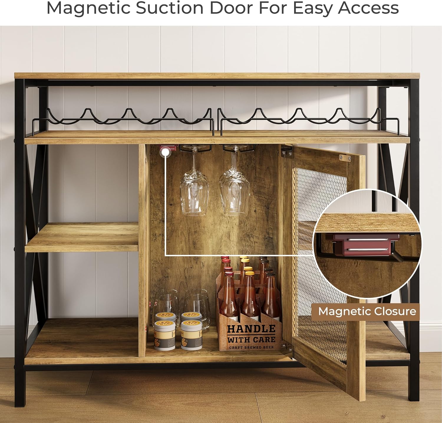 Vividwood Industrial Wine Cabinet‌ - Oak Finish with Wine Rack & Glass Holder