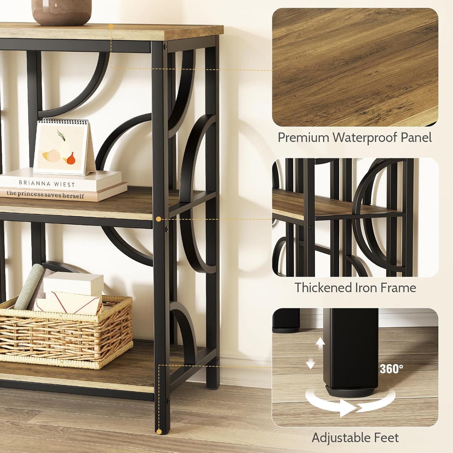 Vividwood 55" Industrial Sofa Table‌ - 3-Tier Storage Console with Geometric Design (Rustic Brown)