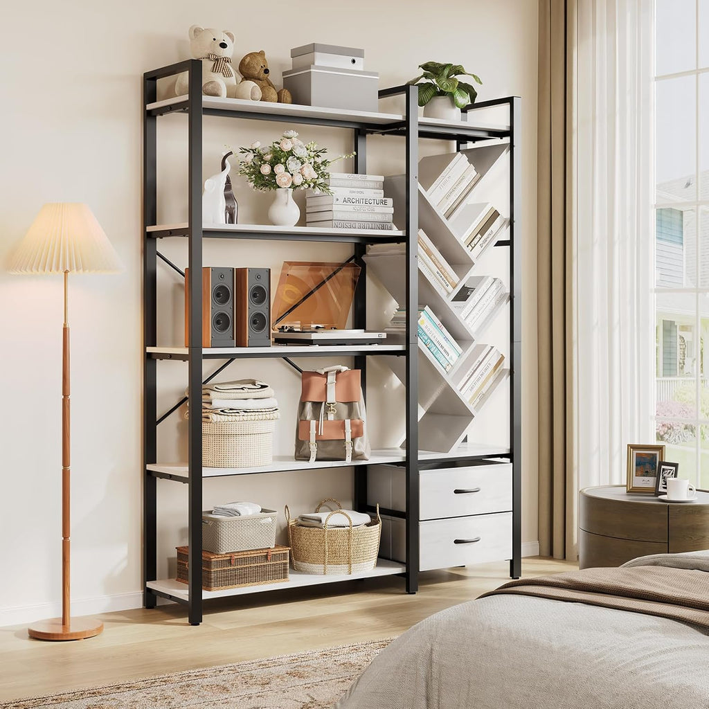 Vividwood 5-Tier Industrial Bookshelf - Tree Display with Fabric Drawers (White)