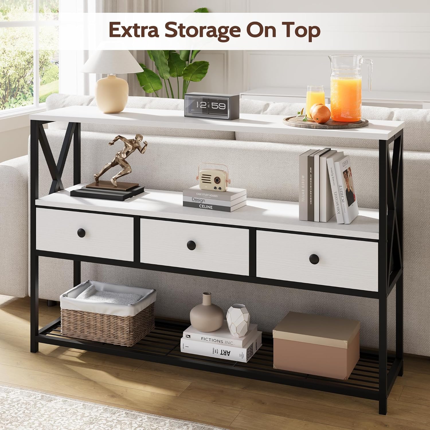 Vividwood 47" Farmhouse Console Table - 3-Drawer & Open Shelf Design (Rustic White)