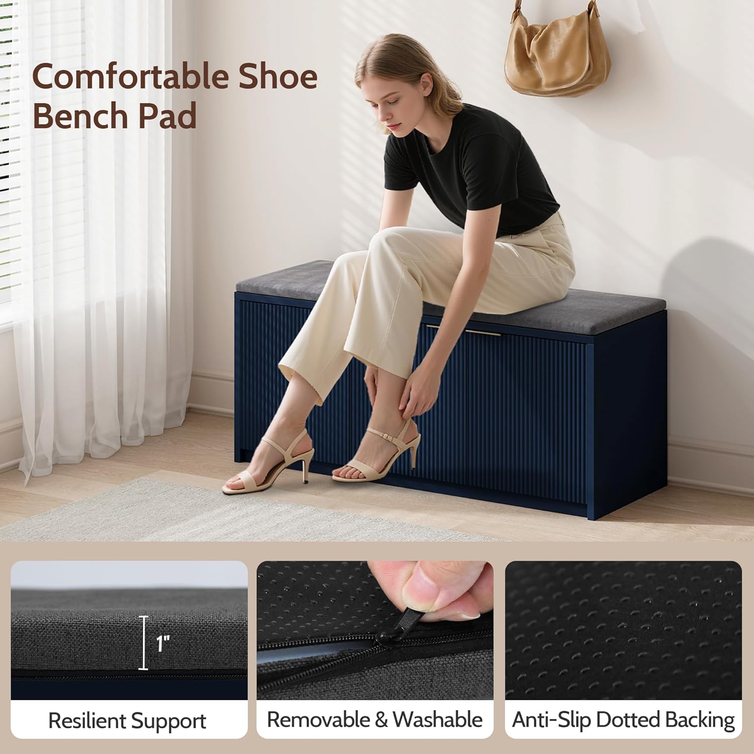 Vividwood Navy Blue Shoe Storage Bench‌ - 41.3" Entryway Cabinet with Padded Seat