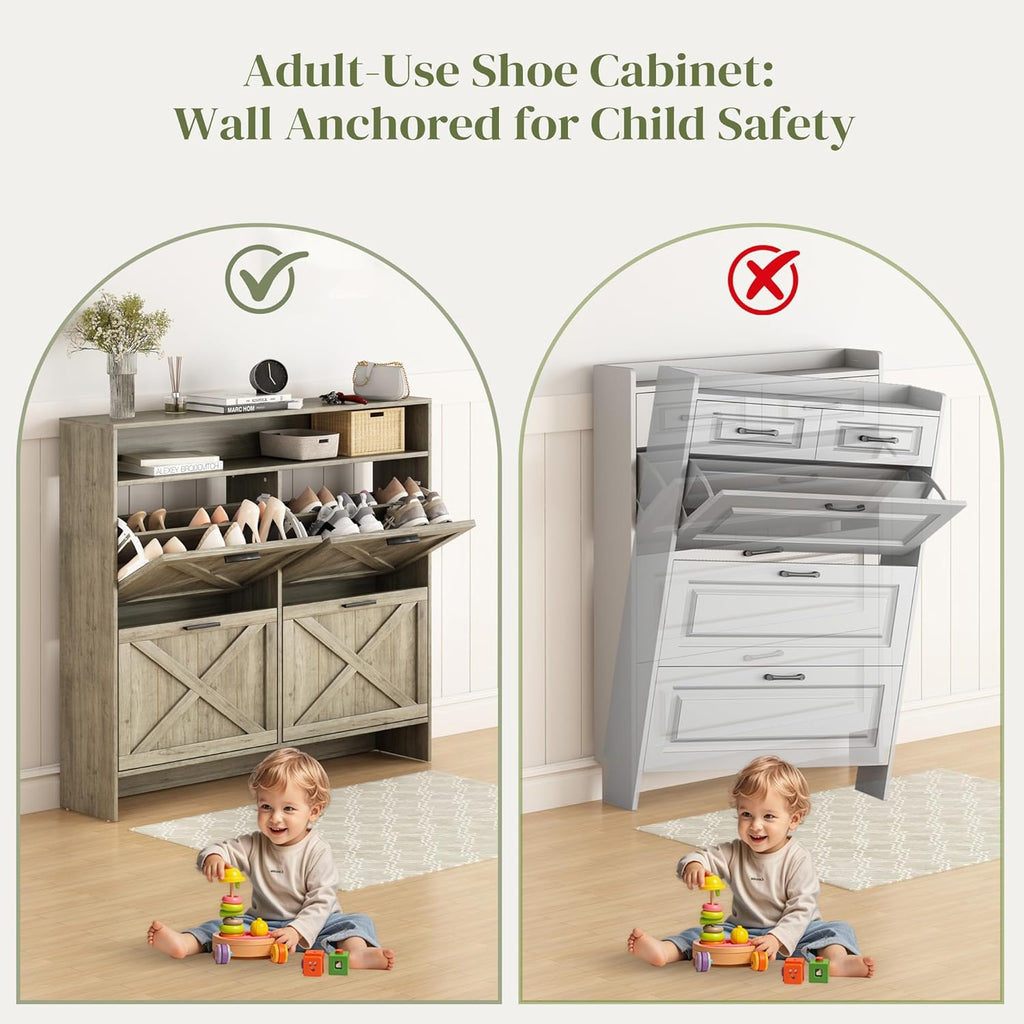 AesthLife Shoe Cabinet with 4 Flip Drawers - Rustic Grey Anti-Tip Design for Entryway & Hallway Storage