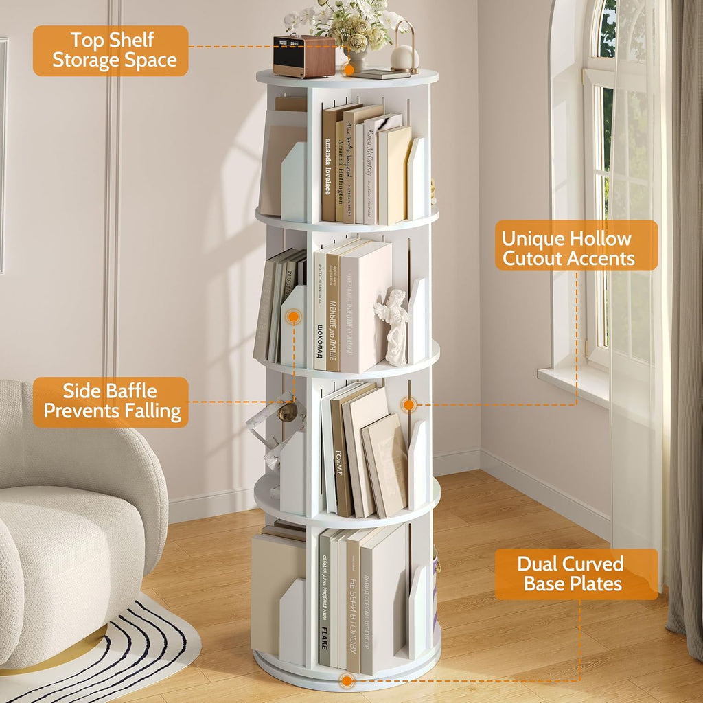 Vividwood 360° Spinning Bookshelf - 4-Tier Corner Organizer for Small Spaces & Kids Rooms (white)