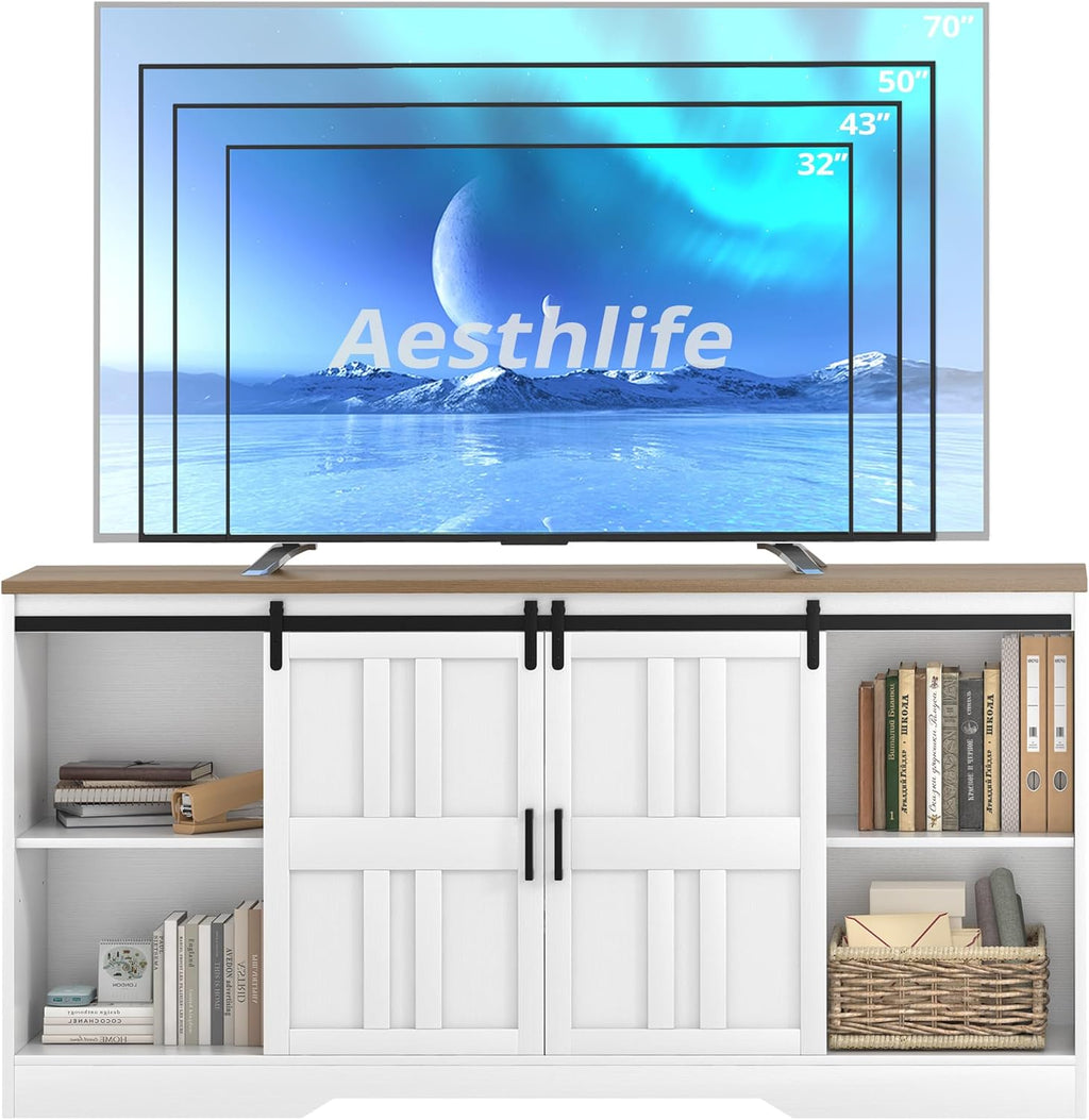 Vividwood 70" Farmhouse Entertainment Center‌ - TV Console with Barn Doors (Rustic White)