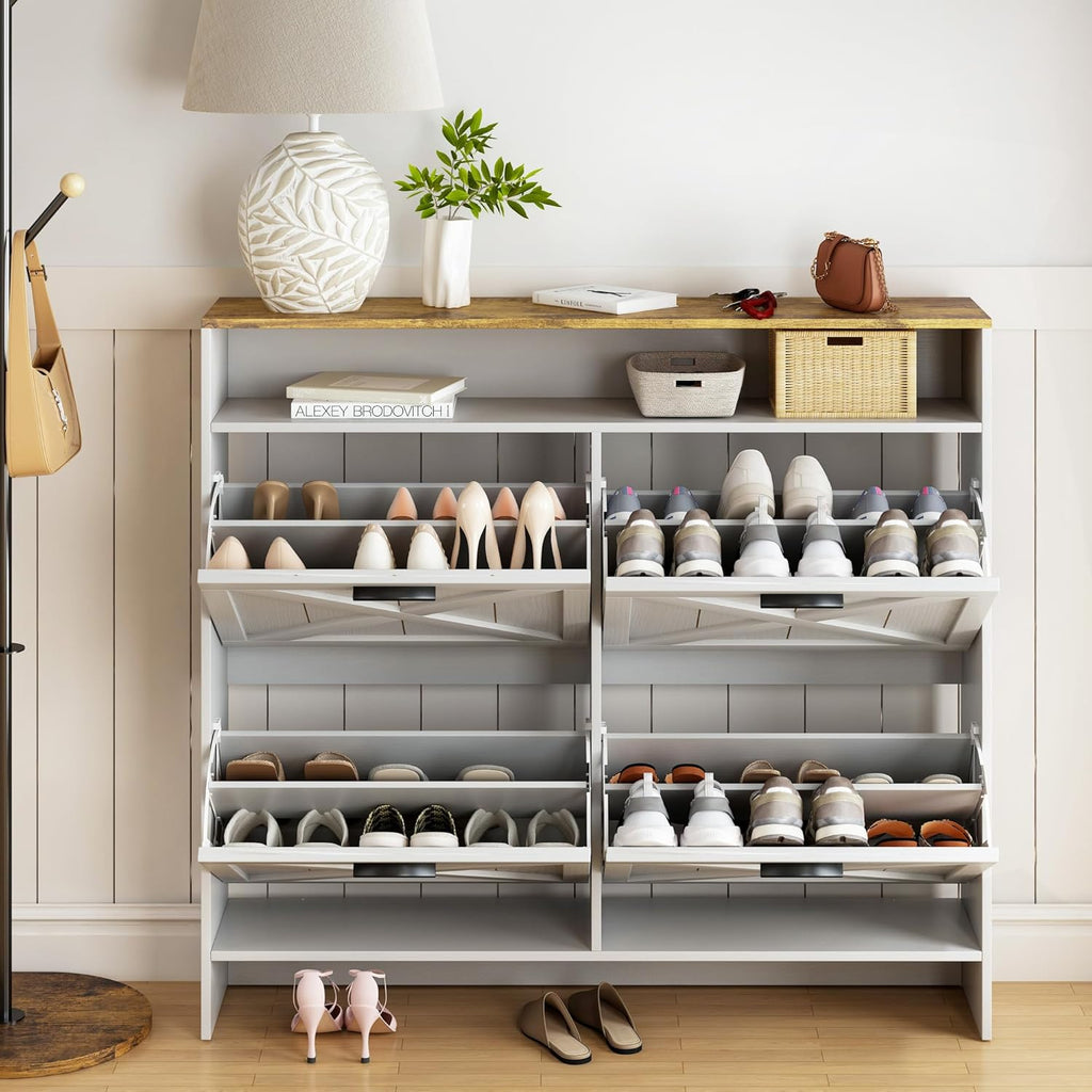 AesthLife Shoe Storage Cabinet - Rustic White 4-Drawer Organizer with Anti-Tip Base for Apartments