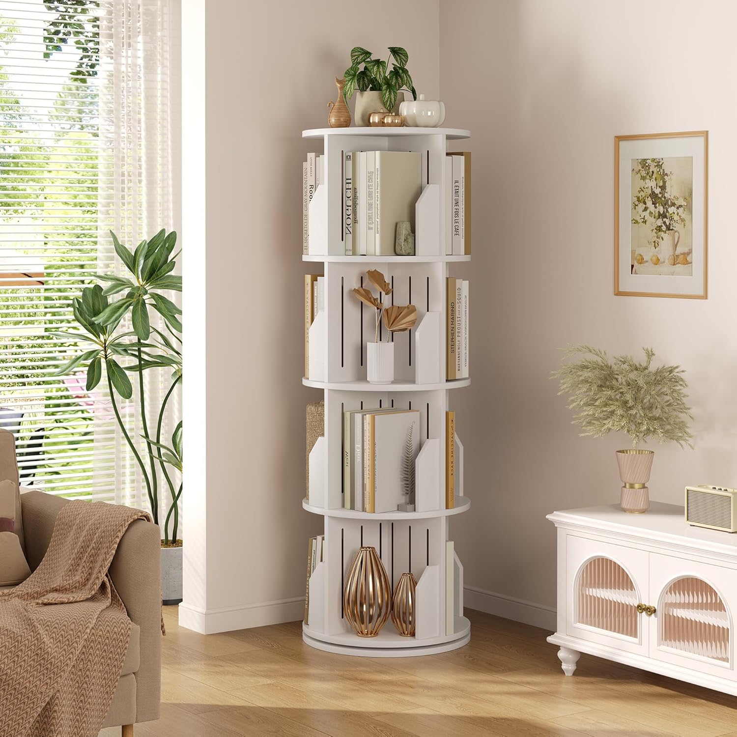 Vividwood 360° Spinning Bookshelf - 4-Tier Corner Organizer for Small Spaces & Kids Rooms (white)