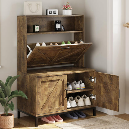 Vividwood Farmhouse Shoe Cabinet‌ - Flip Drawer & Doors Organizer (Brown)