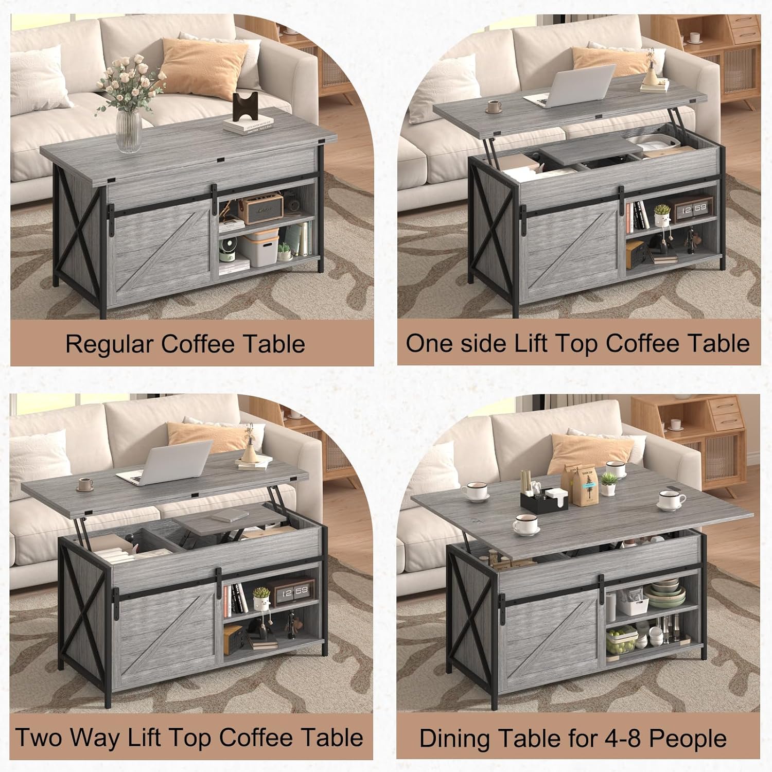 Vividwood Farmhouse Lift Top Coffee Table - 4-in-1 Convertible with Storage (Grey)
