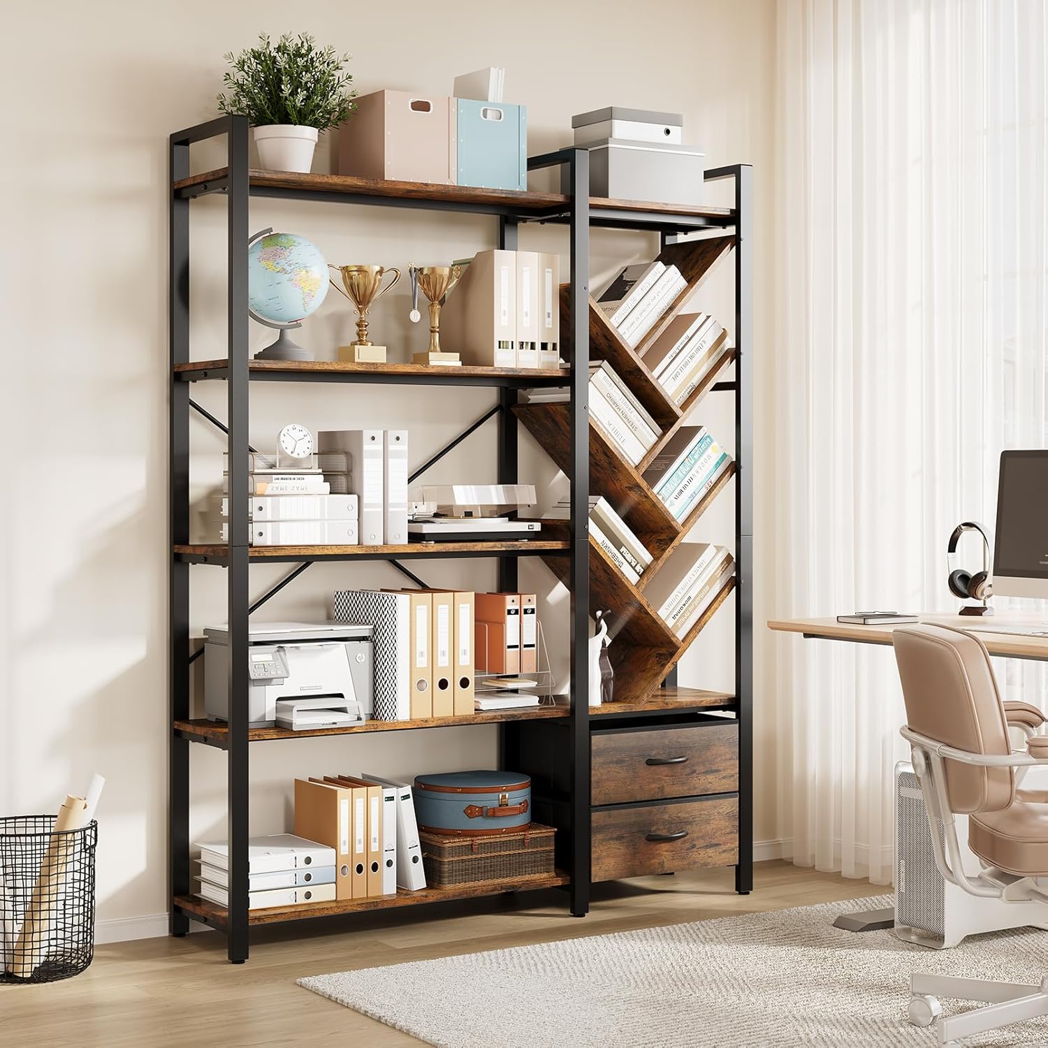 Vividwood 5-Tier Industrial Bookshelf - Tree Display with Fabric Drawers (Rustic Brown)