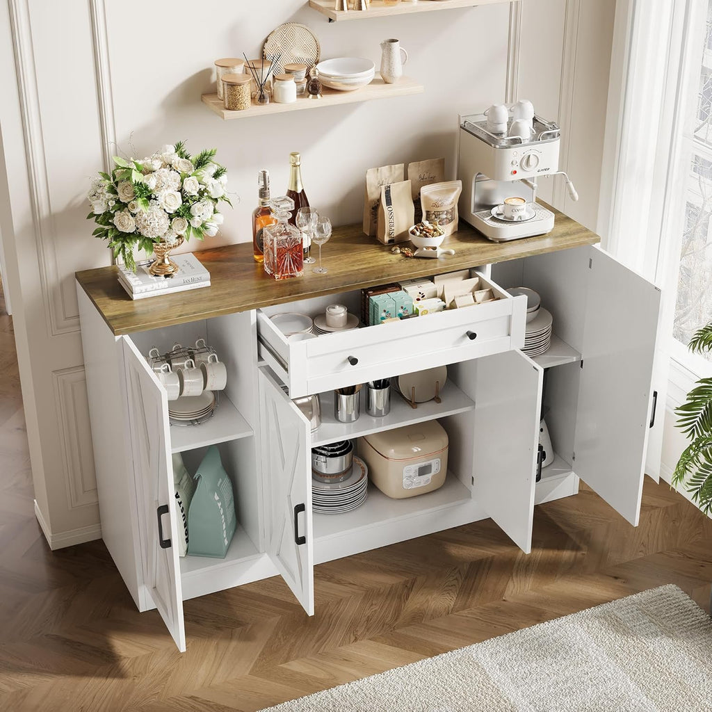 AesthLife Modern Farmhouse Sideboard - Wood Storage Cabinet with Doors & Drawer (White Oak Finish)
