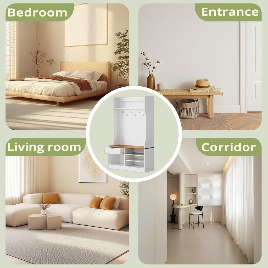 AesthLife Modern Hall Tree - Bench & Shoe Storage Organizer (Classical White)