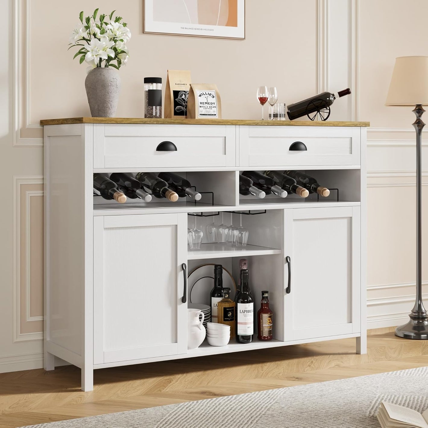 Vividwood Modern Farmhouse Wine Cabinet‌ - 47.2" with Glass Rack & Drawers (White)