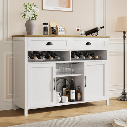 Vividwood Modern Farmhouse Wine Cabinet‌ - 47.2" with Glass Rack & Drawers (White)
