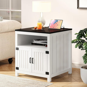 Vividwood 23.6" Farmhouse End Table - Barn Door Design with Charging Station