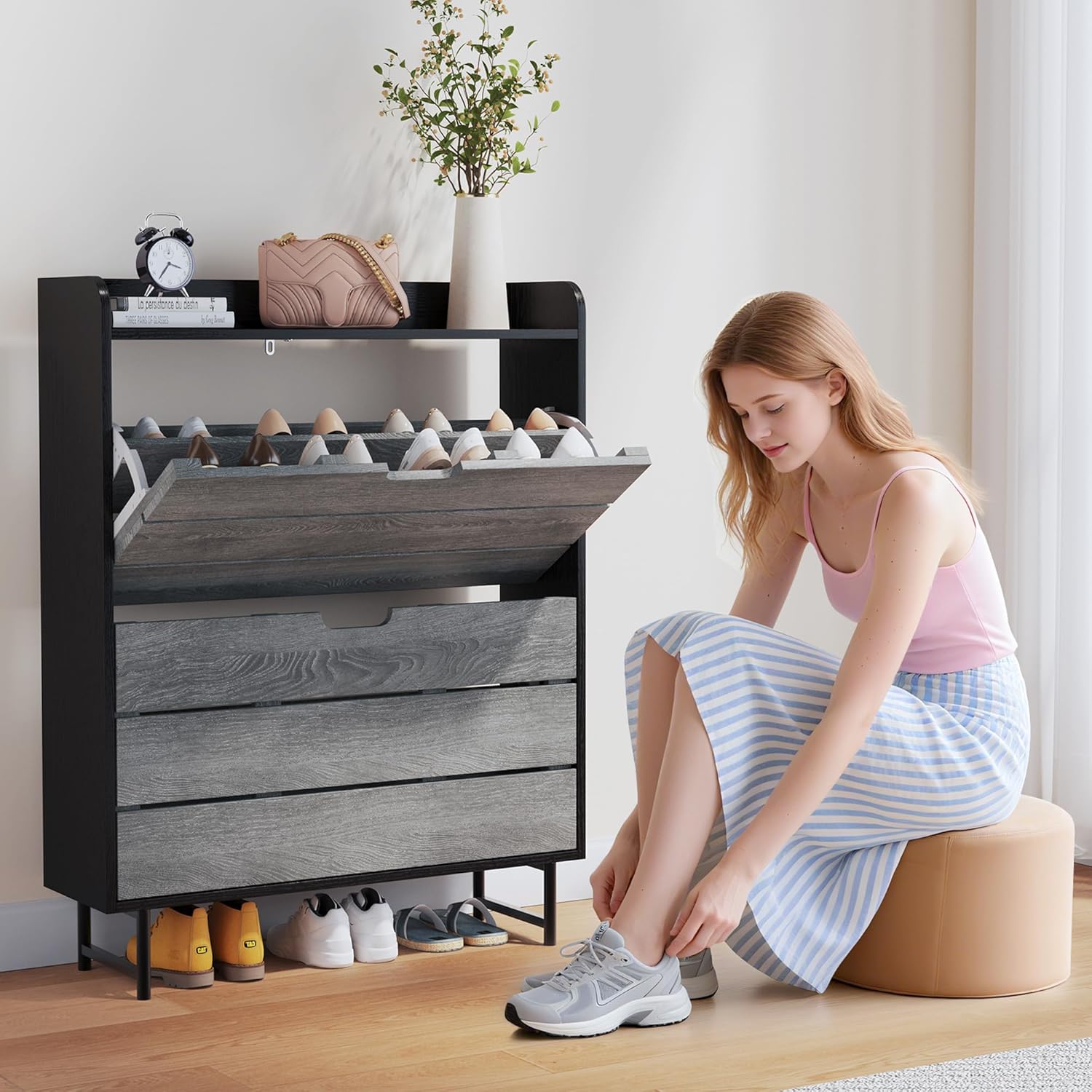 Vividwood 2-Drawer Shoe Cabinet‌ - Narrow Organizer with Adjustable Shelf (Grey)