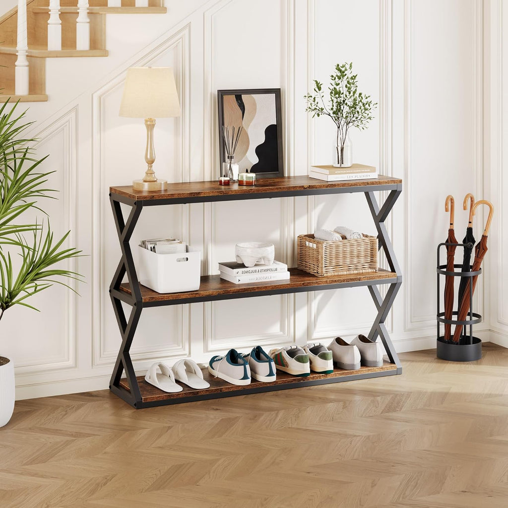 Vividwood Rustic Console Table - 47.2" Industrial Entryway Table with 3-Tier Shelves (Vintage Brown)