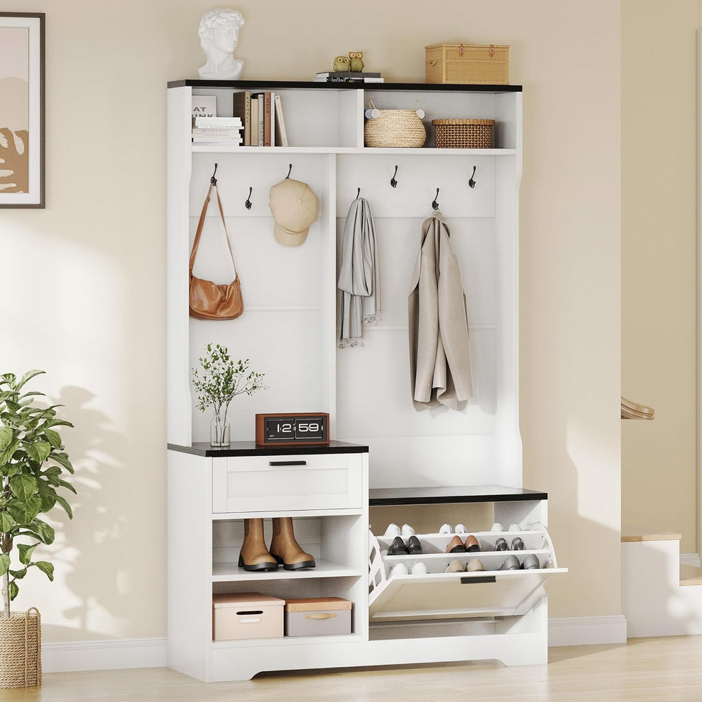 AesthLife Modern Hall Tree‌ - Bench & Shoe Storage Organizer (Black Wood Grain)