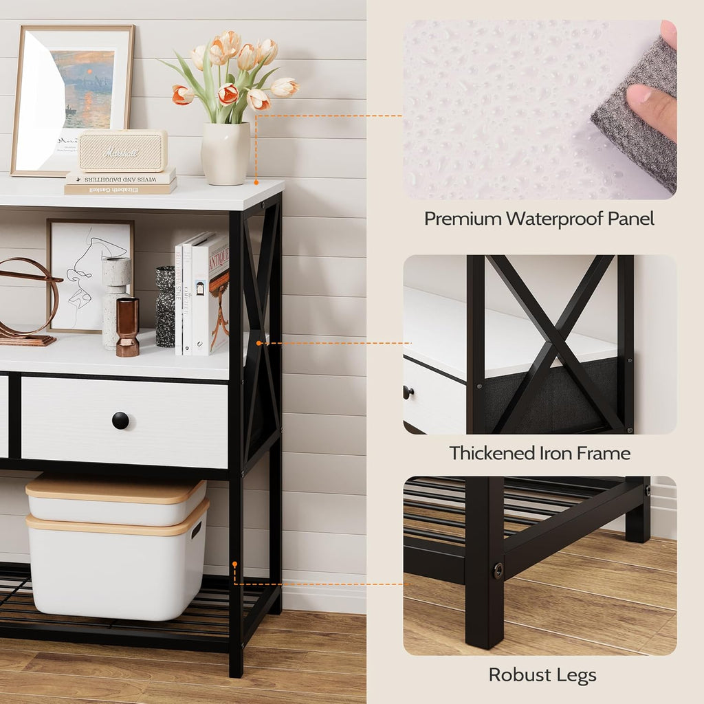 Vividwood 47" Farmhouse Console Table - 3-Drawer & Open Shelf Design (Rustic White)