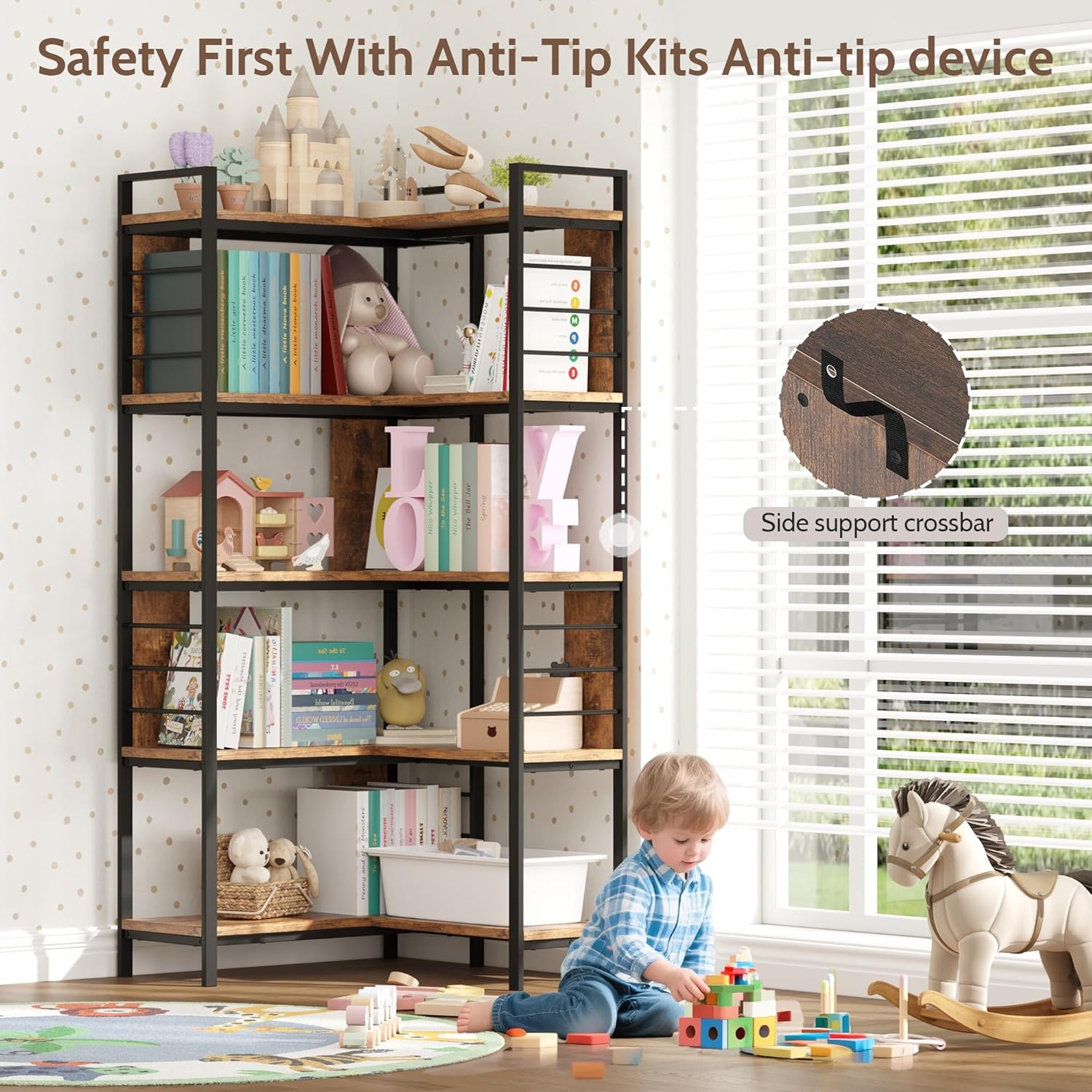 Vividwood 5-Tier Corner Bookshelf‌ - Industrial Wooden Display with Metal Frame