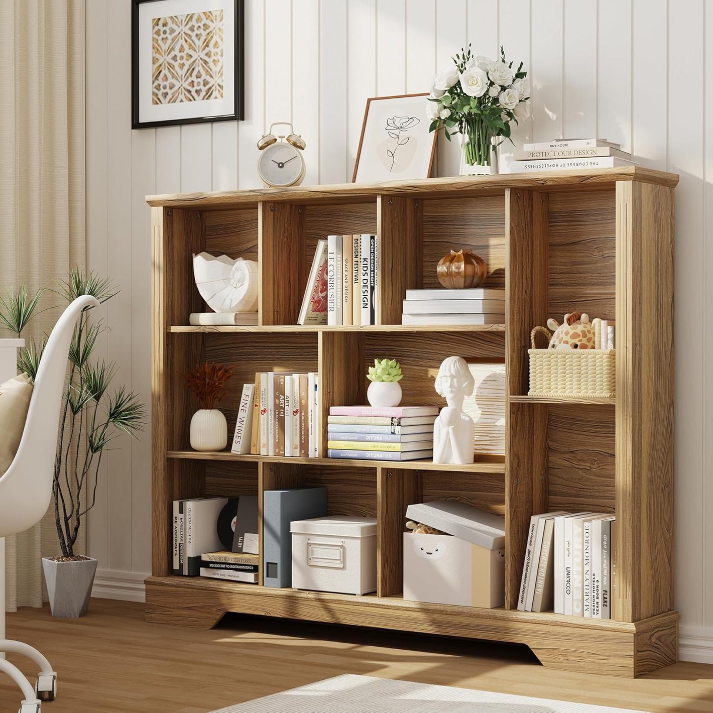 Vividwood 10-Cube Storage Organizer‌ - Farmhouse Bookcase & TV Stand (Rustic Brown)