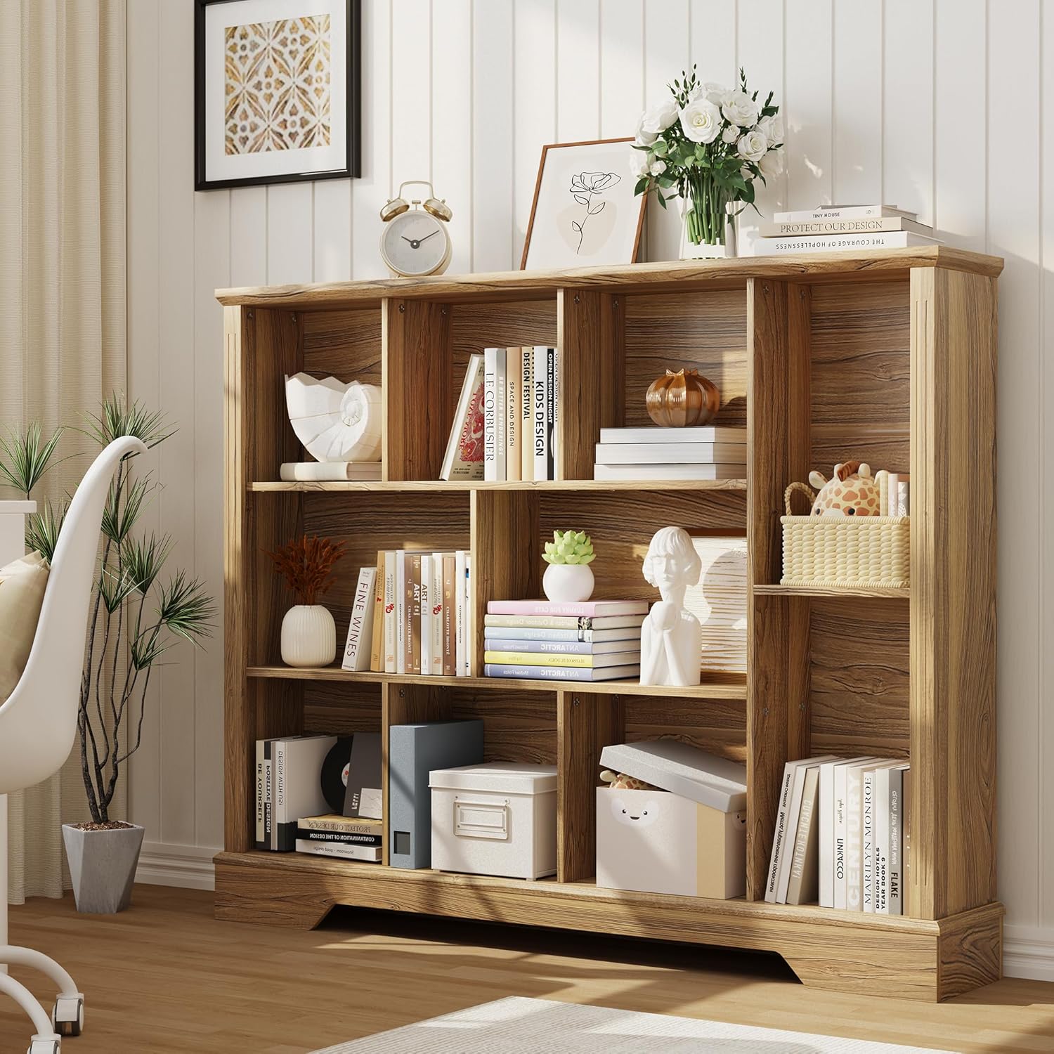 Vividwood 10-Cube Storage Organizer‌ - Farmhouse Bookcase & TV Stand (Rustic Brown)