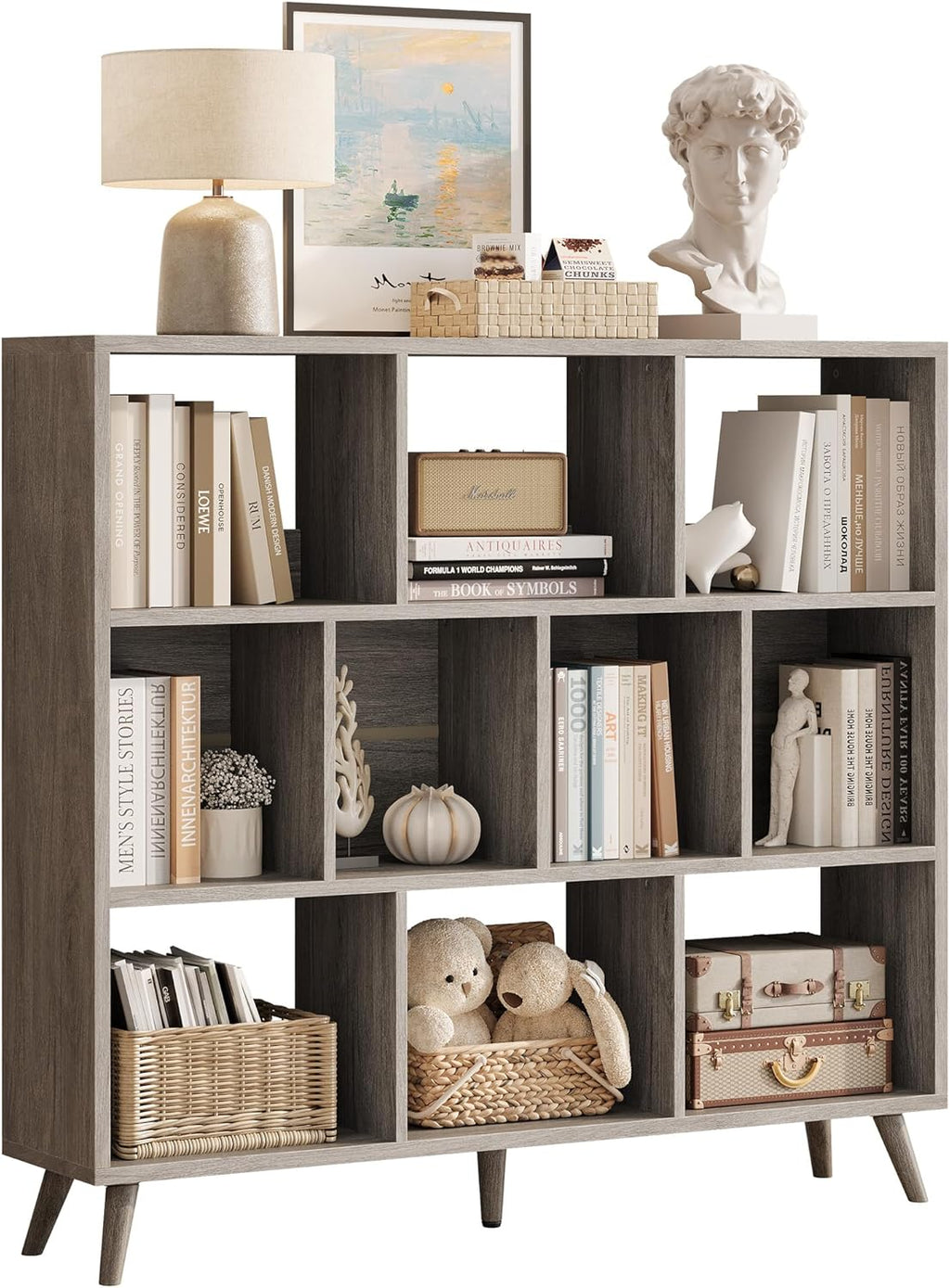 Vividwood 10-Cube Bookcase - 3-Tier Wooden Storage Organizer for Small Spaces (Grey)