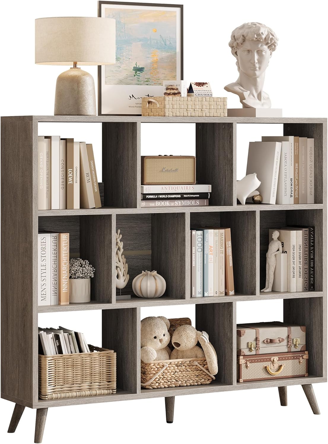 Vividwood 10-Cube Bookcase - 3-Tier Wooden Storage Organizer for Small Spaces (Grey)