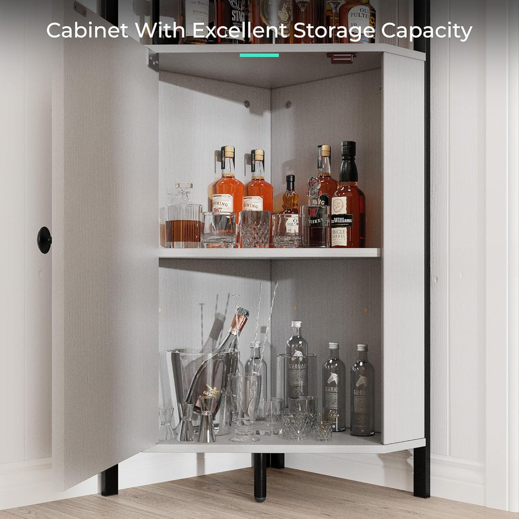 Vividwood 63" Corner Bar Cabinet‌ - Farmhouse Liquor Storage for 50+ Bottles (Ivory White)