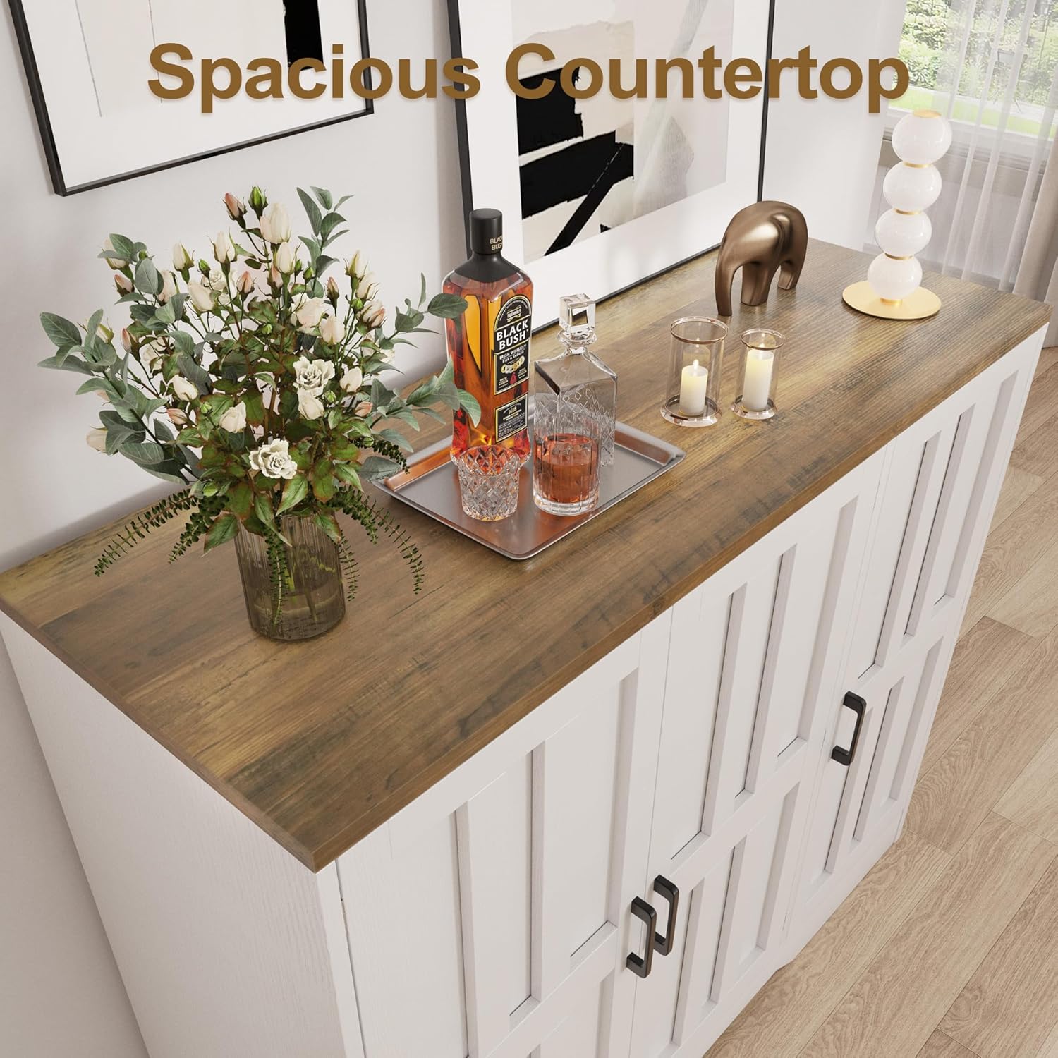 Vividwood 42" Farmhouse Buffet Cabinet - Large Sideboard with 3 Barn Doors Living Room