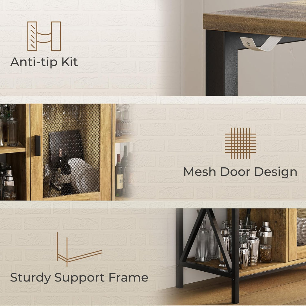 Vividwood Industrial Wine Cabinet‌ - Oak Finish with Wine Rack & Glass Holder