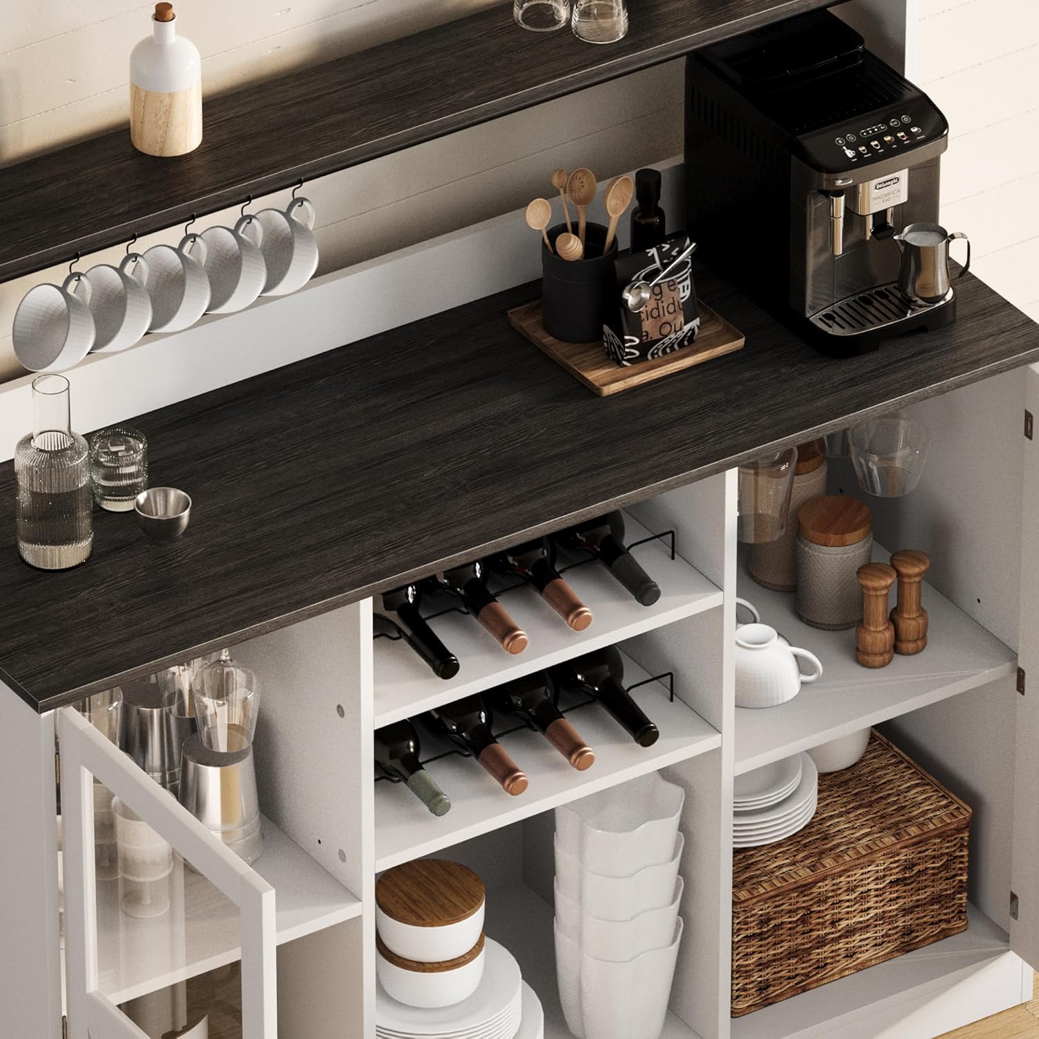 Vividwood Farmhouse Bar Cabinet‌ - Acrylic-Front Storage Hutch with Goblet Holder (Grey)