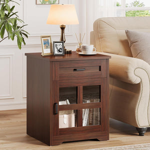 Vividwood 18" Farmhouse Wood End Table with Drawer & Barn Door Storage, Sofa Side Bedside Table for Living Room Bedroom, Espresso