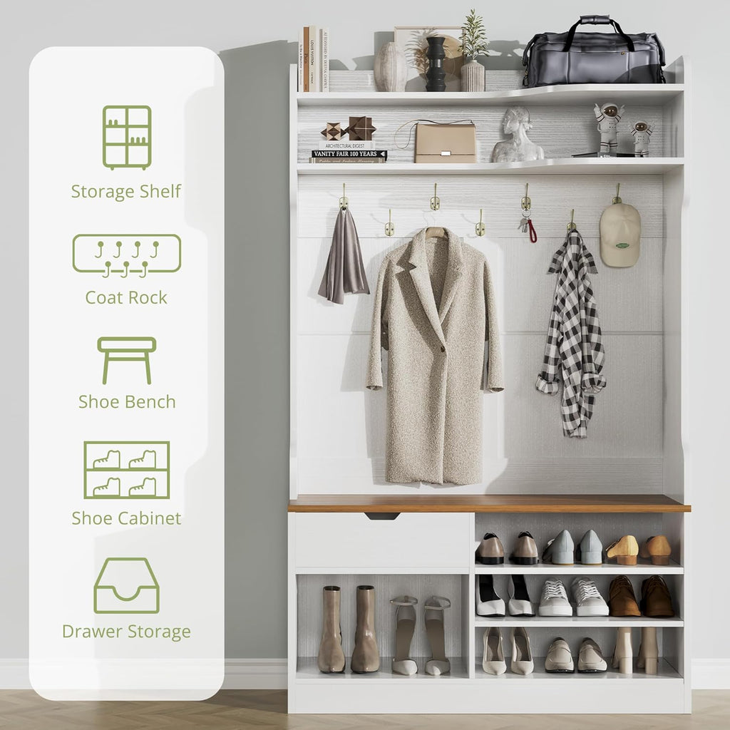 AesthLife Modern Hall Tree - Bench & Shoe Storage Organizer (Classical White)