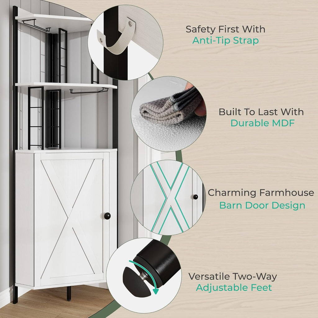 Vividwood 63" Corner Bar Cabinet‌ - Farmhouse Liquor Storage for 50+ Bottles (Ivory White)