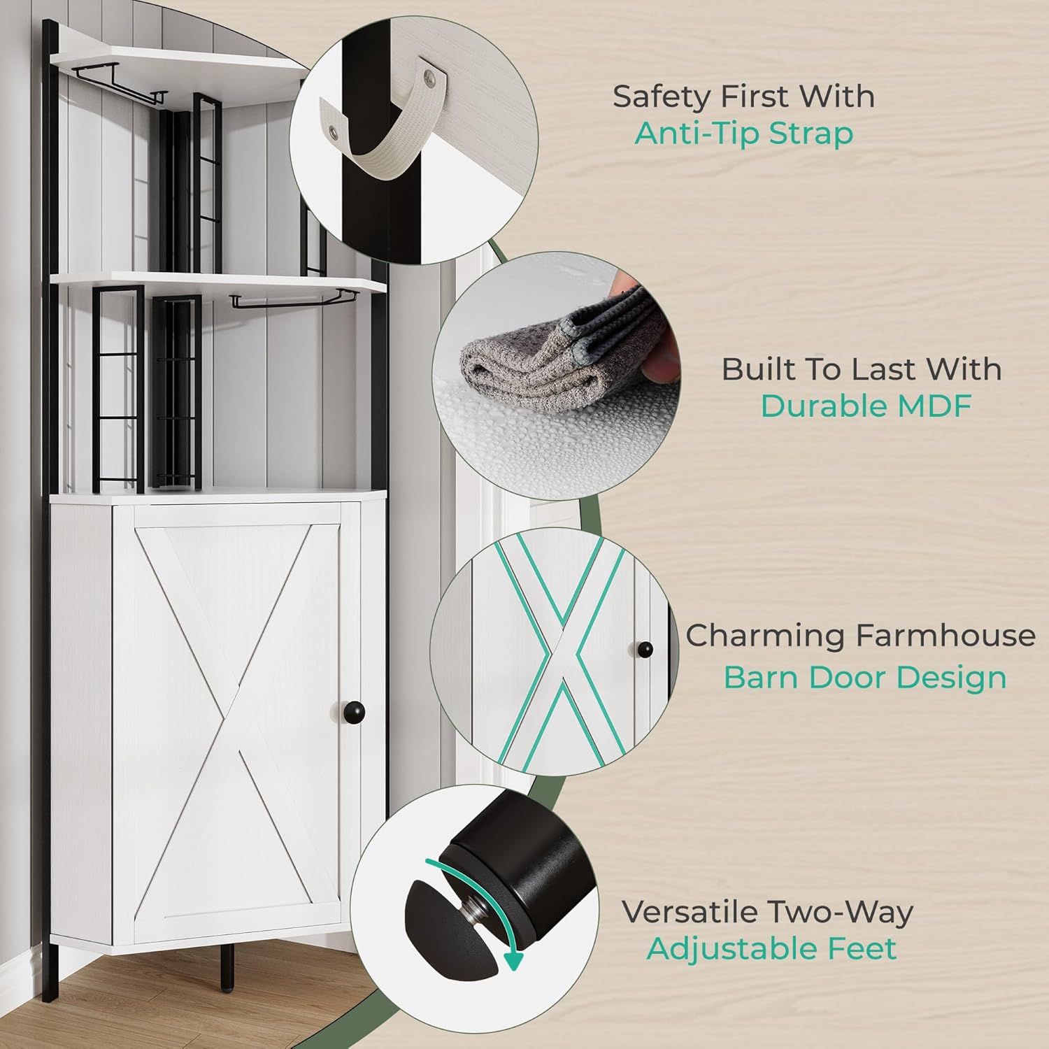 Vividwood 63" Corner Bar Cabinet‌ - Farmhouse Liquor Storage for 50+ Bottles (Ivory White)