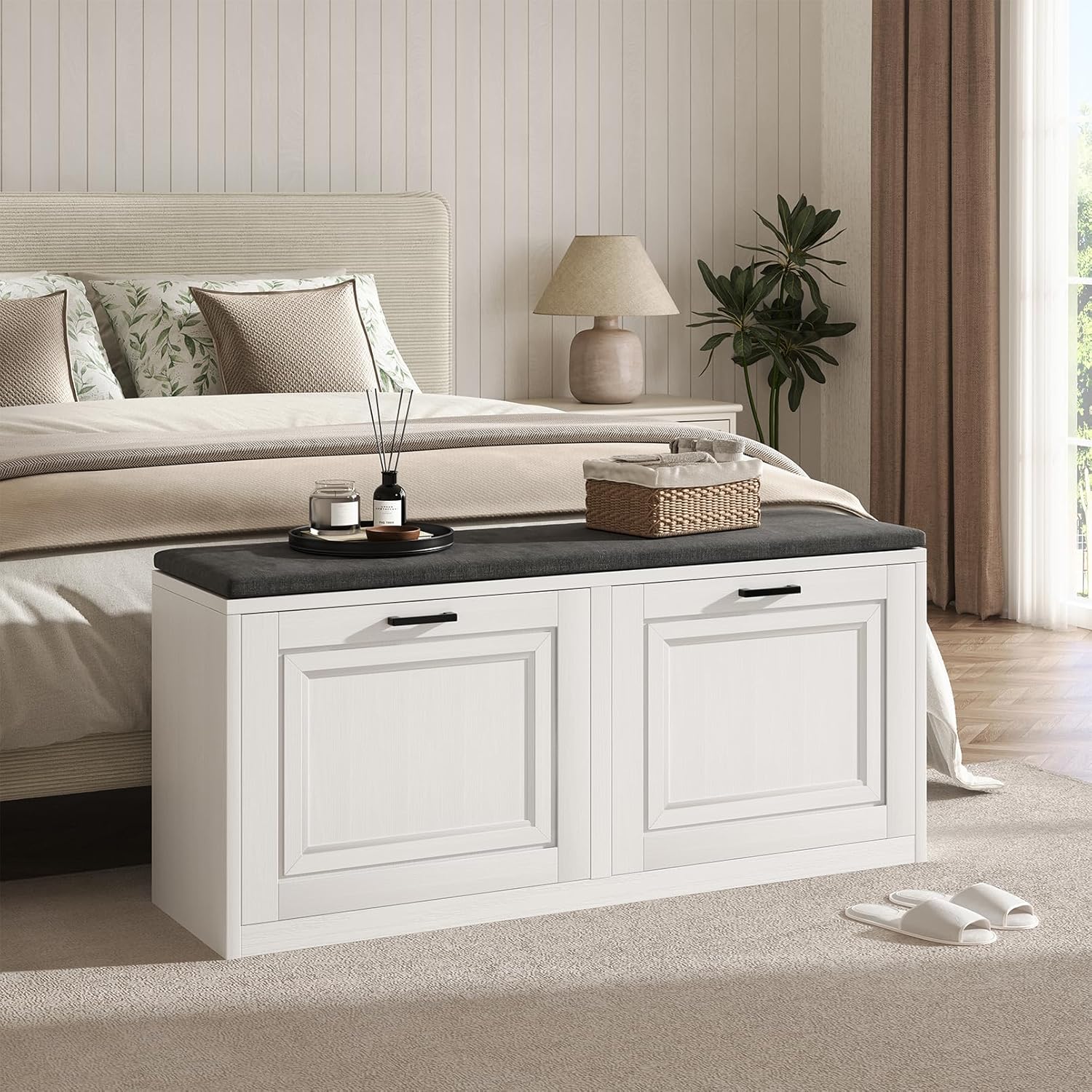 Vividwood 2-Tier Storage Bench - Padded Seat & Barn Doors (White)