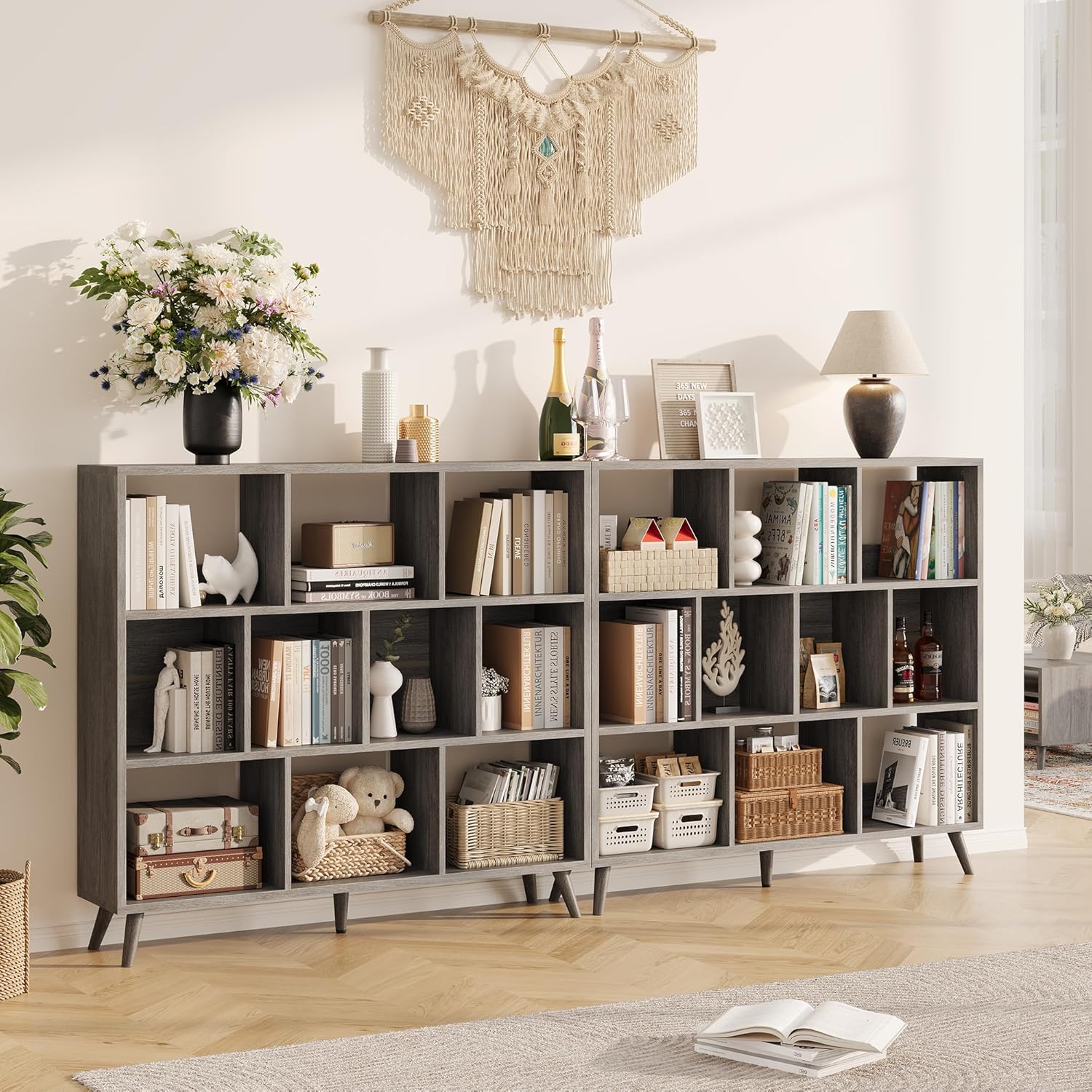 Vividwood 10-Cube Bookcase - 3-Tier Wooden Storage Organizer for Small Spaces (Grey)
