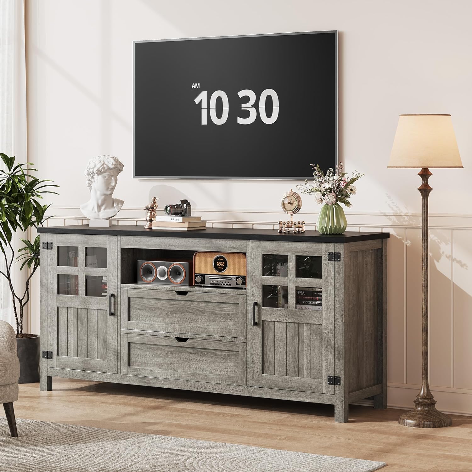 Vividwood Farmhouse Entertainment Center - TV Console with Storage (Rustic Grey)