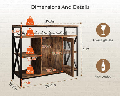Vividwood Rustic Wine Bar Cabinet‌ - Industrial Liquor Storage with Metal Cart