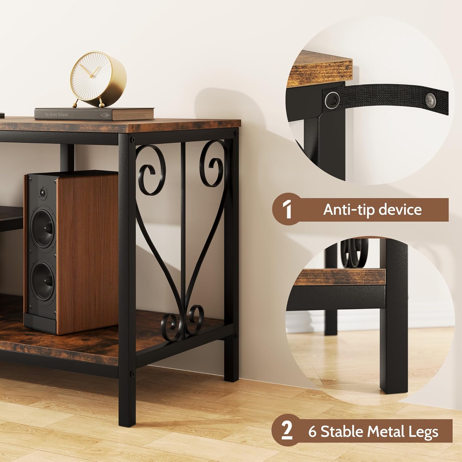 Vividwood 63" Industrial TV Stand for 70" TVs - 3-Tier Open Shelves & Soundbar Space