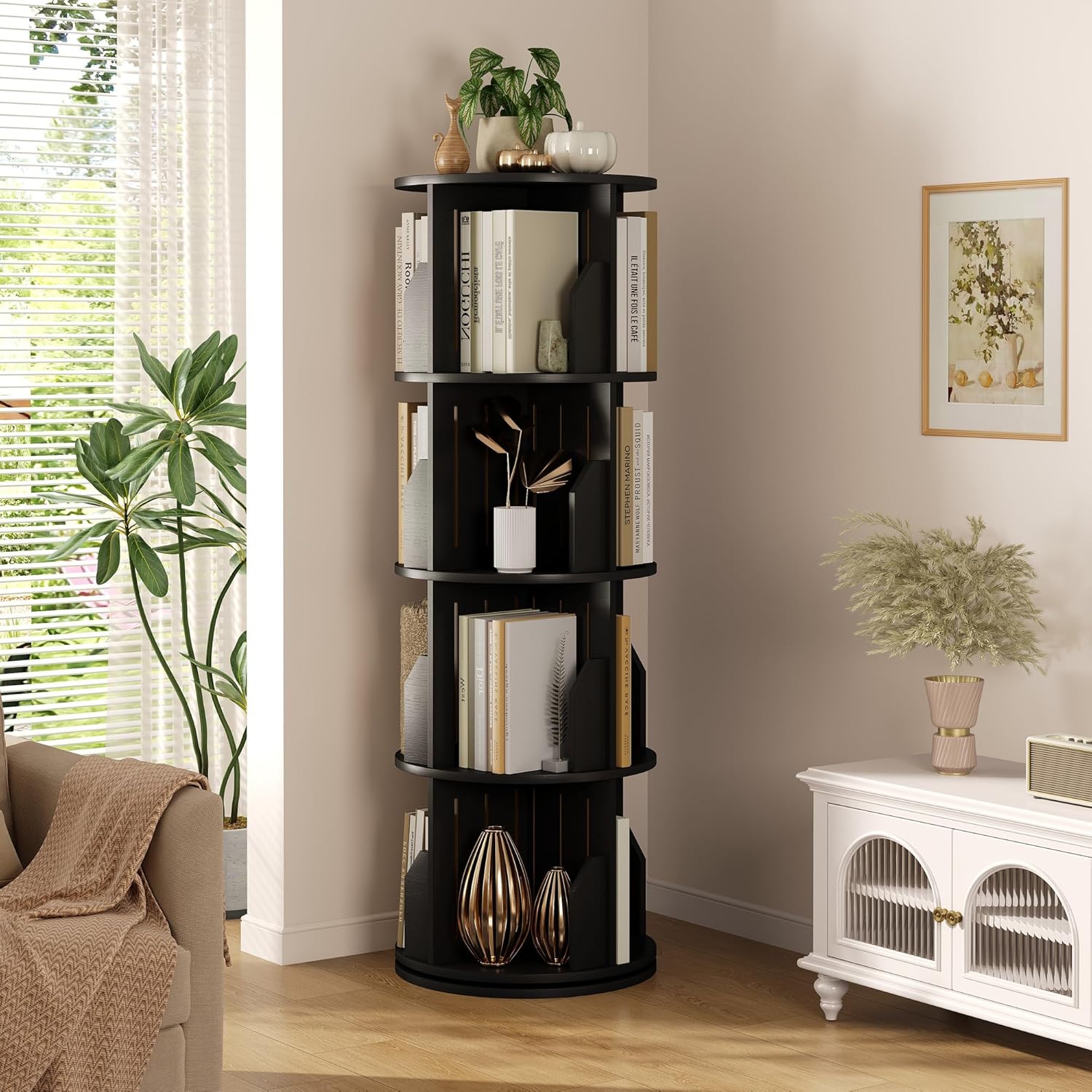 Vividwood 360° Spinning Bookshelf - 4-Tier Corner Organizer for Small Spaces & Kids Rooms