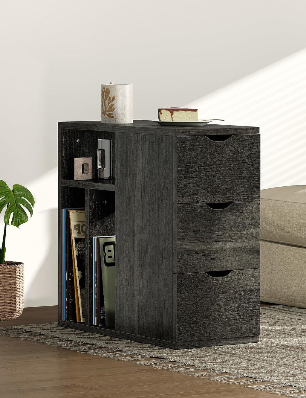 Vividwood 3-Drawer End Table‌ - Narrow Wood Side Table with Record Storage (Black)