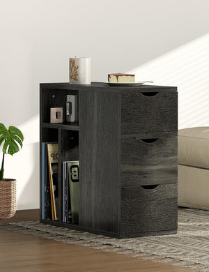 Vividwood 3-Drawer End Table‌ - Narrow Wood Side Table with Record Storage (Black)